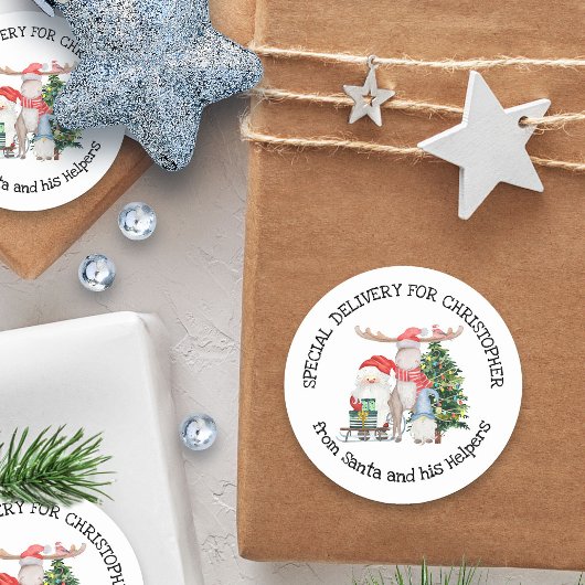 Gepersonaliseerde speciale levering van Santa & He Ronde Sticker