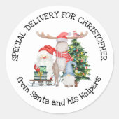 Gepersonaliseerde speciale levering van Santa & He Ronde Sticker (Voorkant)