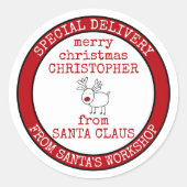 Gepersonaliseerde speciale levering van Santas Wor Ronde Sticker (Voorkant)