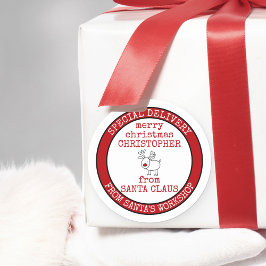 Gepersonaliseerde speciale levering van Santas Wor Ronde Sticker