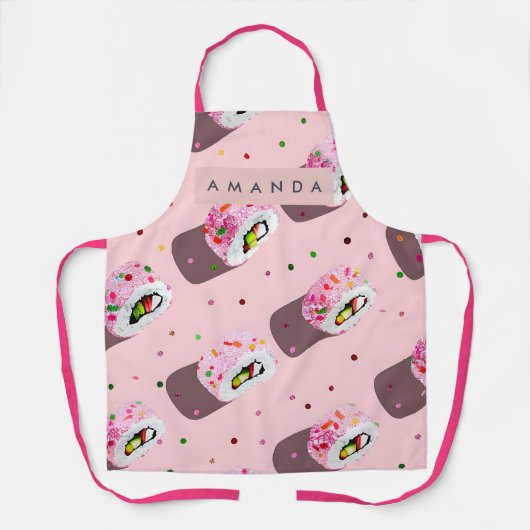 Gepersonaliseerde Speelse Roze Sushirol Schort (Voorkant)