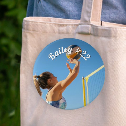 Gepersonaliseerde spel dag volleybal naam nummer f ronde button 3,2 cm