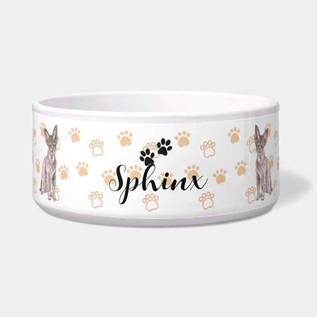 Gepersonaliseerde Sphinx Cat Bowl met naam en ras Voerbakje (Voorkant)