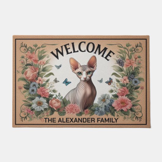 Gepersonaliseerde Sphynx Cat Floral Chic Welkom Deurmat (Voorkant)