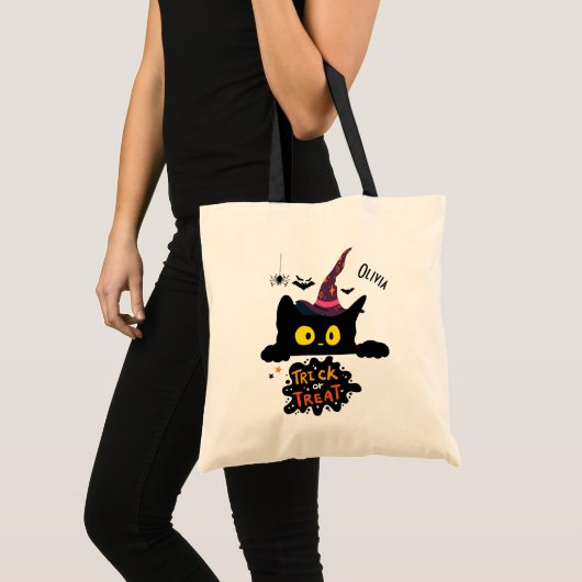 Gepersonaliseerde Spooky Black Cat Trick or treat Tote Bag (Voorkant (product))