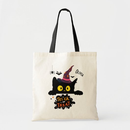 Gepersonaliseerde Spooky Black Cat Trick or treat Tote Bag (Voorkant)
