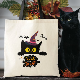 Gepersonaliseerde Spooky Black Cat Trick or treat Tote Bag