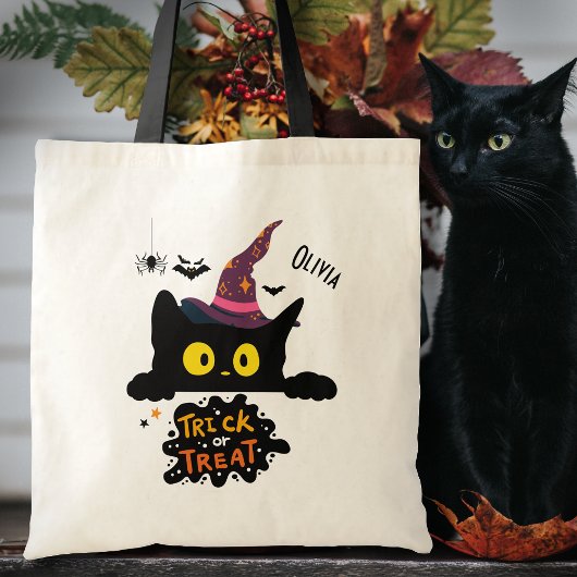 Gepersonaliseerde Spooky Black Cat Trick or treat Tote Bag