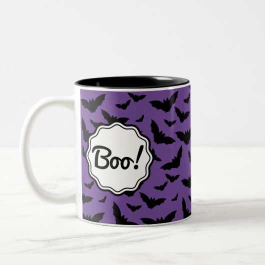 Gepersonaliseerde Spooky Paarse Halloween Black Ba Tweekleurige Koffiemok (Links)