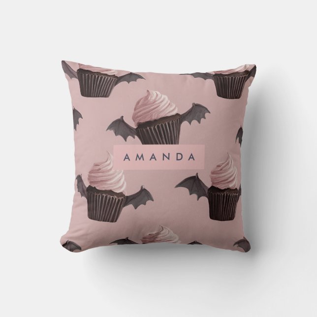 Gepersonaliseerde Spooky Schattigee Bat Cupcake Pa Kussen (Voorkant)