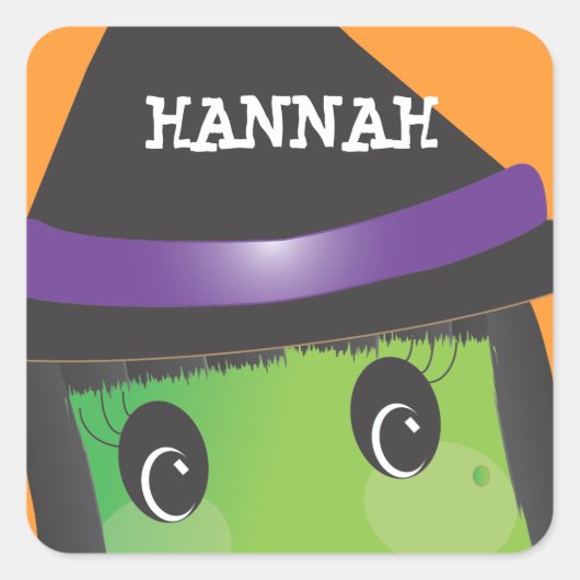 Gepersonaliseerde Spooky Schattigee Heks Halloween Vierkante Sticker (Voorkant)