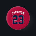 Gepersonaliseerde Sport Team Jersey Nummer Naam Ronde Button 3,2 Cm<br><div class="desc">Gepersonaliseerde sporttrui met wit bewerkbaar nummer en naam in retro jaren zeventig ontwerpstijl in rood,  blauw,  wit</div>