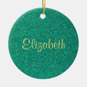 Gepersonaliseerde sprankelende groene glitter text keramisch ornament