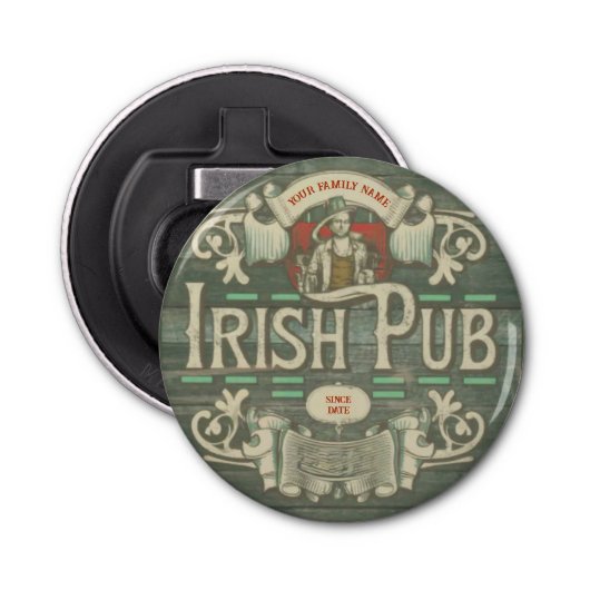 Gepersonaliseerde St Patrick's Day Ierse pub Grapp Button Flesopener (Voorkant)