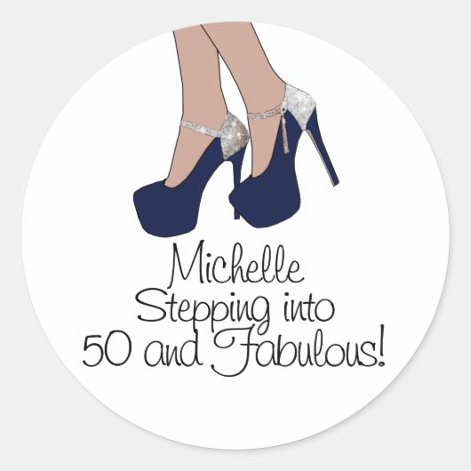 Gepersonaliseerde "Stap in 50 en Fabulous" Party Ronde Sticker (Voorkant)