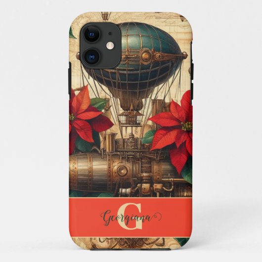 Gepersonaliseerde Steampunk Airship met Poinsettia Case-Mate iPhone Case (Achterkant)