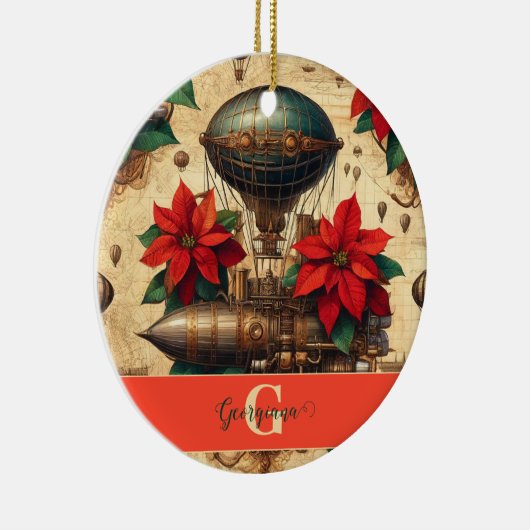 Gepersonaliseerde Steampunk Airship met Poinsettia Keramisch Ornament (Rechts)