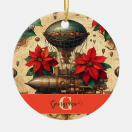 Gepersonaliseerde Steampunk Airship met Poinsettia Keramisch Ornament