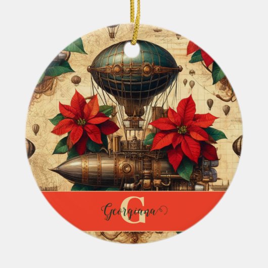 Gepersonaliseerde Steampunk Airship met Poinsettia Keramisch Ornament (Voorkant)