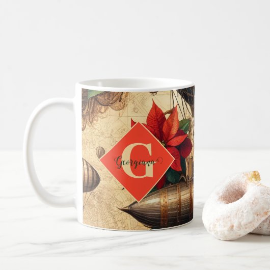 Gepersonaliseerde Steampunk Airship met Poinsettia Koffiemok (Met donut)