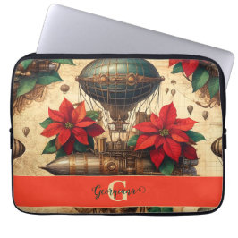 Gepersonaliseerde Steampunk Airship met Poinsettia Laptop Sleeve