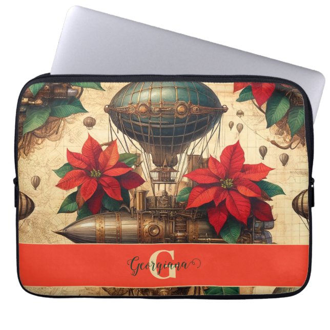 Gepersonaliseerde Steampunk Airship met Poinsettia Laptop Sleeve (Voorkant)
