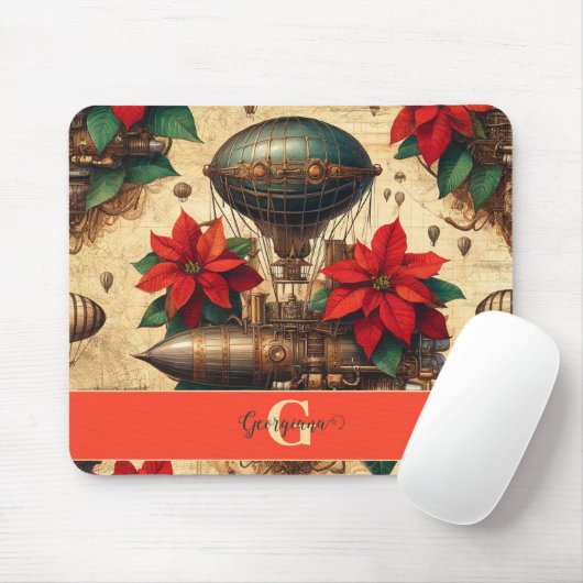 Gepersonaliseerde Steampunk Airship met Poinsettia Muismat (Met muis)