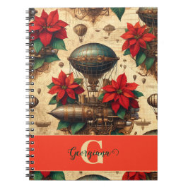 Gepersonaliseerde Steampunk Airship met Poinsettia Notitieboek