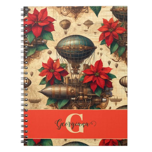 Gepersonaliseerde Steampunk Airship met Poinsettia Notitieboek (Voorkant)