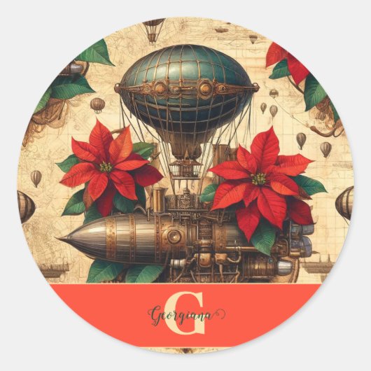 Gepersonaliseerde Steampunk Airship met Poinsettia Ronde Sticker (Voorkant)