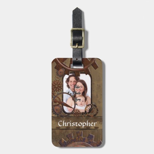 Gepersonaliseerde steampunk foto template bagagelabel (Voorkant verticaal)