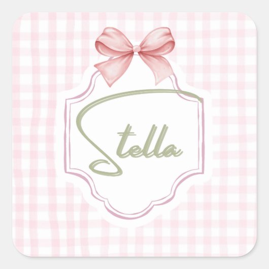 Gepersonaliseerde Stella Baby Meisje Kwekerij Bow  Vierkante Sticker (Voorkant)