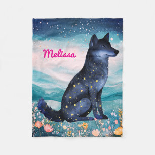 Gepersonaliseerde Sterrennacht Wolf in Wildflowers Fleece Deken