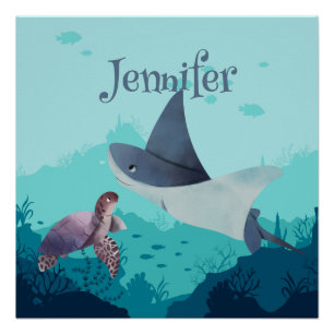 Gepersonaliseerde Stingray en Turtle Onder het Zee Perfect Poster