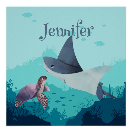 Gepersonaliseerde Stingray en Turtle Onder het Zee Perfect Poster (Voorkant)
