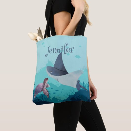 Gepersonaliseerde Stingray en Turtle Onder het Zee Tote Bag (Dichtbij)
