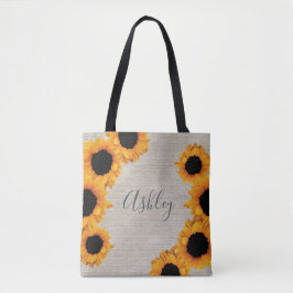 Gepersonaliseerde stralende zonnebloem burlap Canv Tote Bag