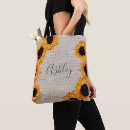 Gepersonaliseerde stralende zonnebloem burlap Canv Tote Bag