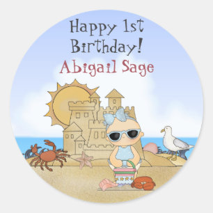 Gepersonaliseerde Strand Baby 1e Verjaardag Sticke Ronde Sticker