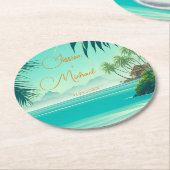 Gepersonaliseerde strand bruiloft gunst aandenken ronde kartonnen onderzetter (Gebogen)