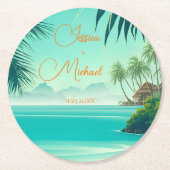 Gepersonaliseerde strand bruiloft gunst aandenken ronde kartonnen onderzetter (Voorkant)