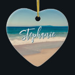 Gepersonaliseerde Strandfoto Ocean Blue Schilderac Keramisch Ornament<br><div class="desc">Een mooie stijl foto van een strand in Californië hartvormige keramische kerst ornament. Pas met haar naam aan om uw eigen gepersonaliseerde geschenk op maat te creëer. Voor kortere namen is er voldoende ruimte om de lettergrootte te vergroten. Er zijn veel mooie moderne kalligrafie script stijlen om uit te kiezen....</div>