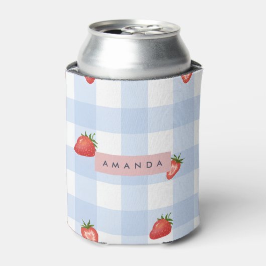 Gepersonaliseerde Strawberry & Blue Gingham Patroo Blikjeskoeler (Blikje Voorkant)