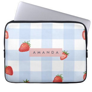 Gepersonaliseerde Strawberry & Blue Gingham Patroo Laptop Sleeve