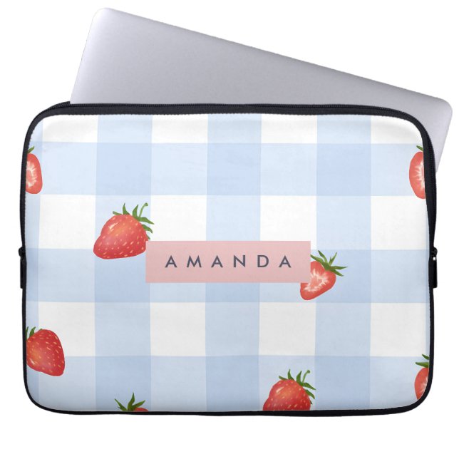 Gepersonaliseerde Strawberry & Blue Gingham Patroo Laptop Sleeve (Voorkant)