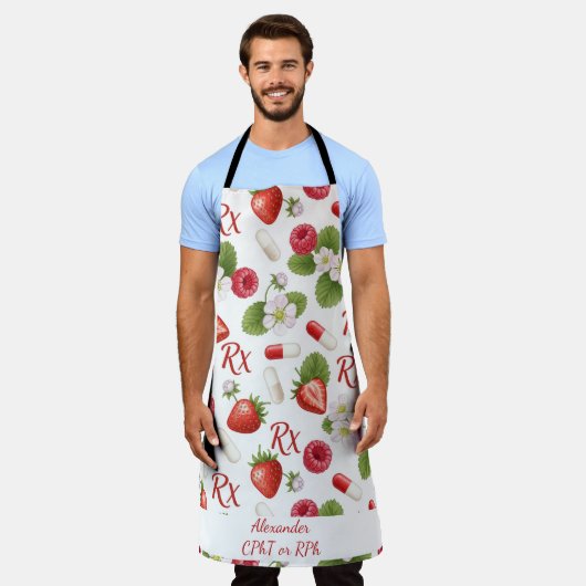 Gepersonaliseerde Strawberry & Capsule Apotheek Schort (Gedragen)
