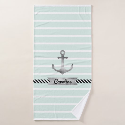Gepersonaliseerde Striped Green Waterverf Anchor Bad Handdoek (Badhanddoek)