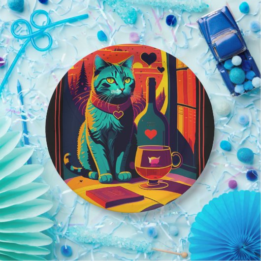Gepersonaliseerde Sunset Cat boeken en wijn Papieren Bordje (Feest)