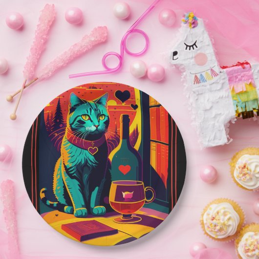 Gepersonaliseerde Sunset Cat boeken en wijn Papieren Bordje (Feest)