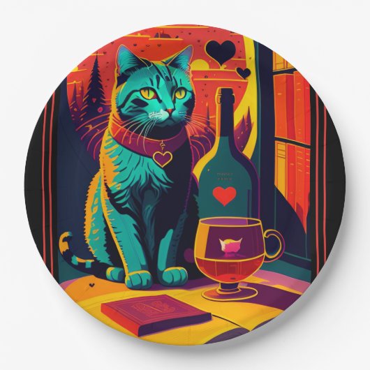 Gepersonaliseerde Sunset Cat boeken en wijn Papieren Bordje (Voorkant)